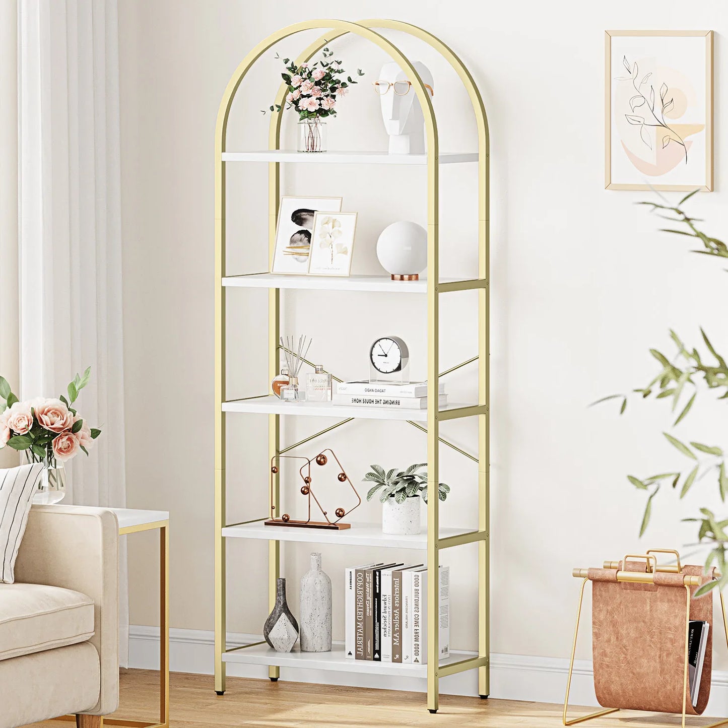 5-Tier Arched Bookshelf, Wooden Storage Shelving Units