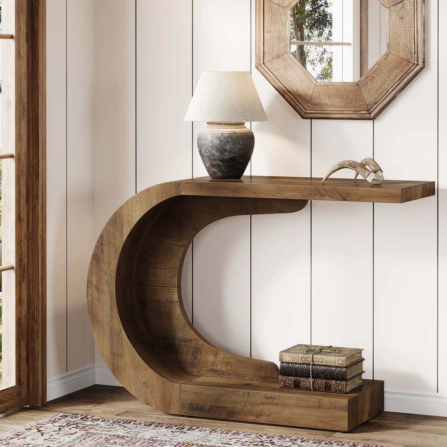 Wood C-Shaped Hallway Entry Accent Table