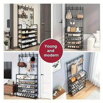 A Hallway Clothes And Shoe Rack  Storing Hats, And Umbrellas