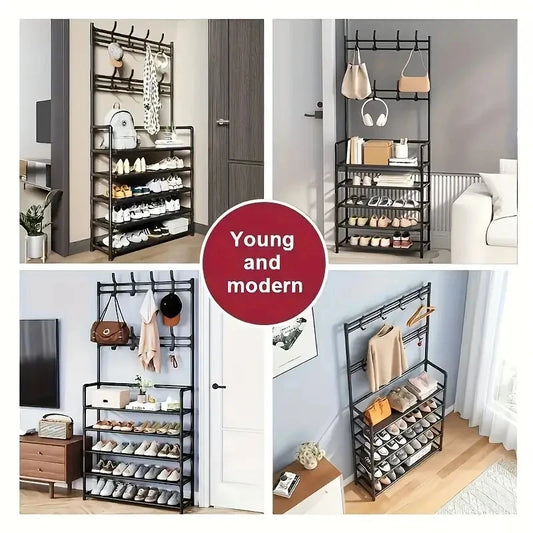 A Hallway Clothes And Shoe Rack  Storing Hats, And Umbrellas