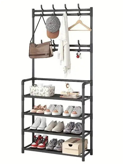 A Hallway Clothes And Shoe Rack  Storing Hats, And Umbrellas