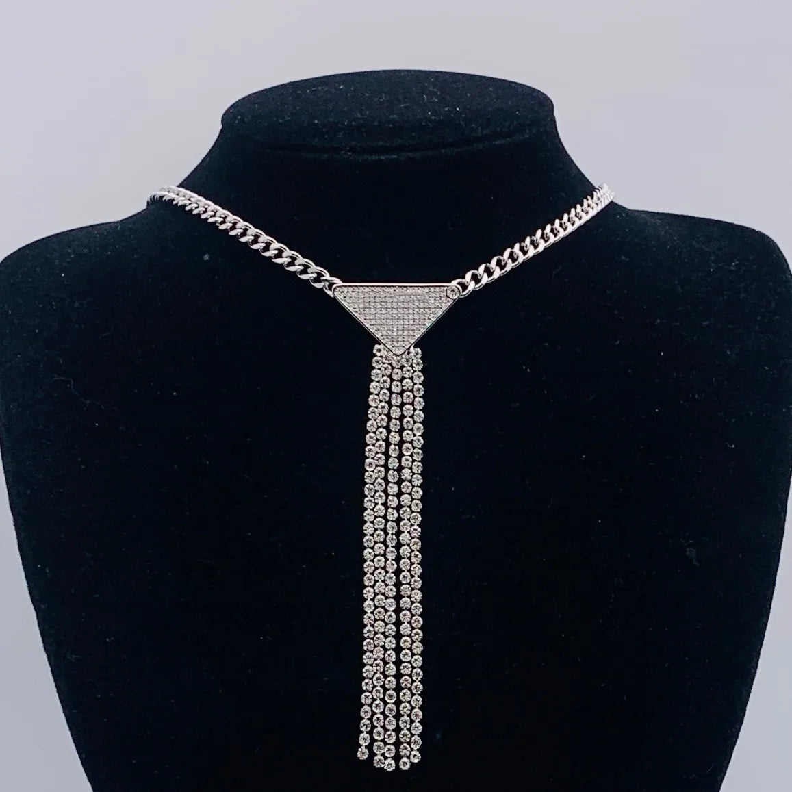 Rhinestone Triangle Pendant with Tassel Silver Tone