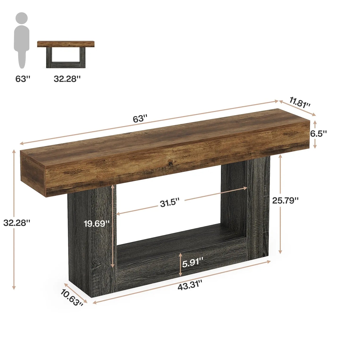 63" Console Table, 2-Tier Entryway Table