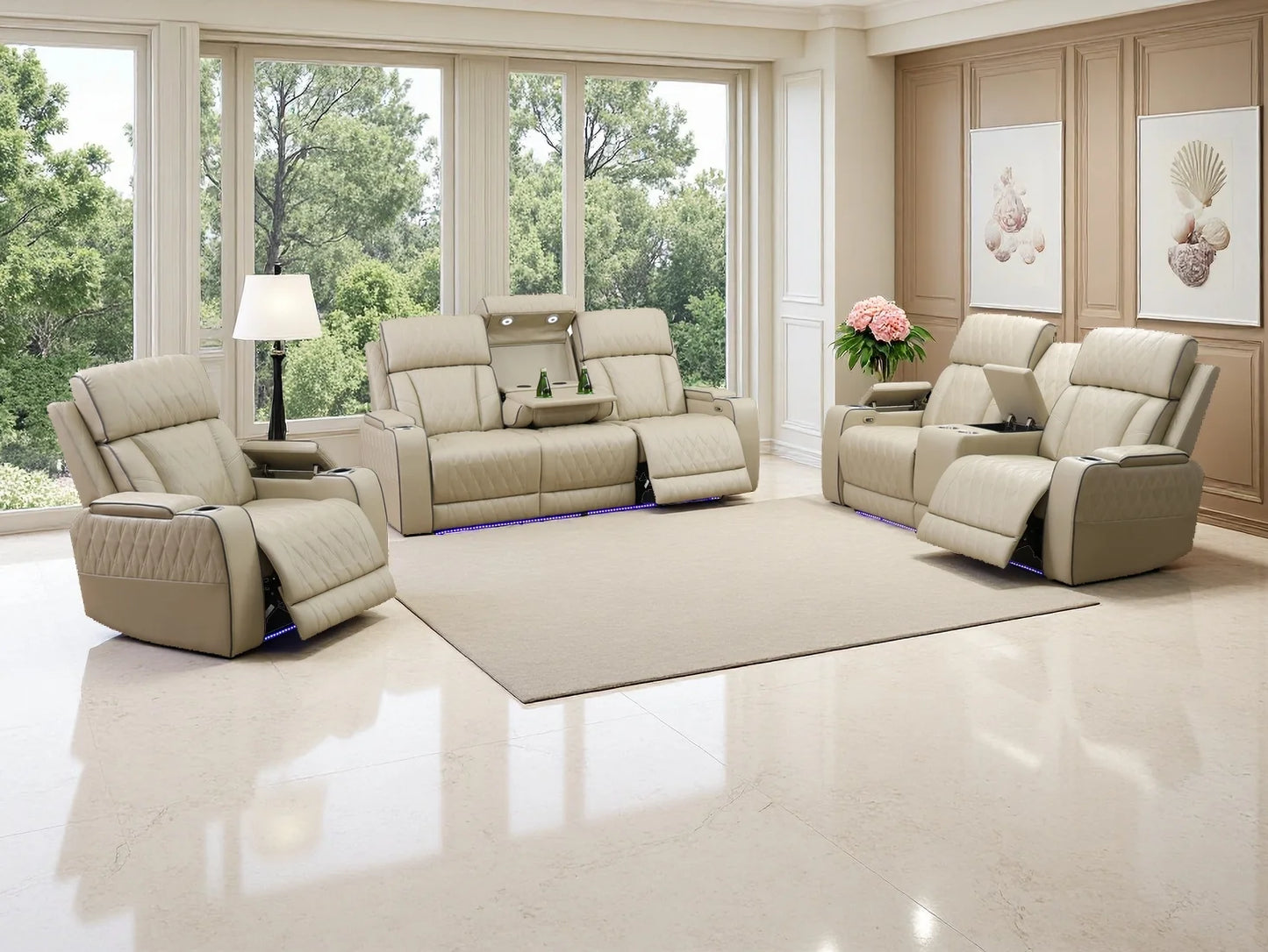 3PCS Power Recliner Sofa with Drop-Down Table Cup Holder