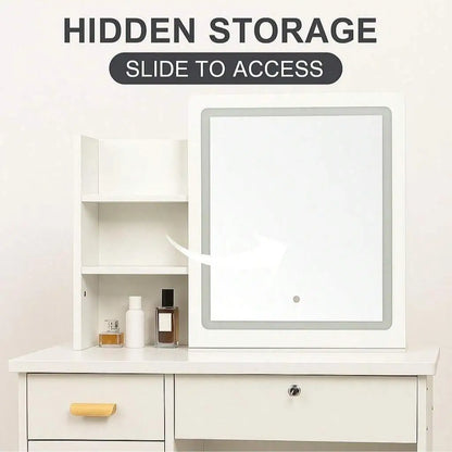Large Vanity Table Set with LED Mirror, 5 Drawers & Shelves,