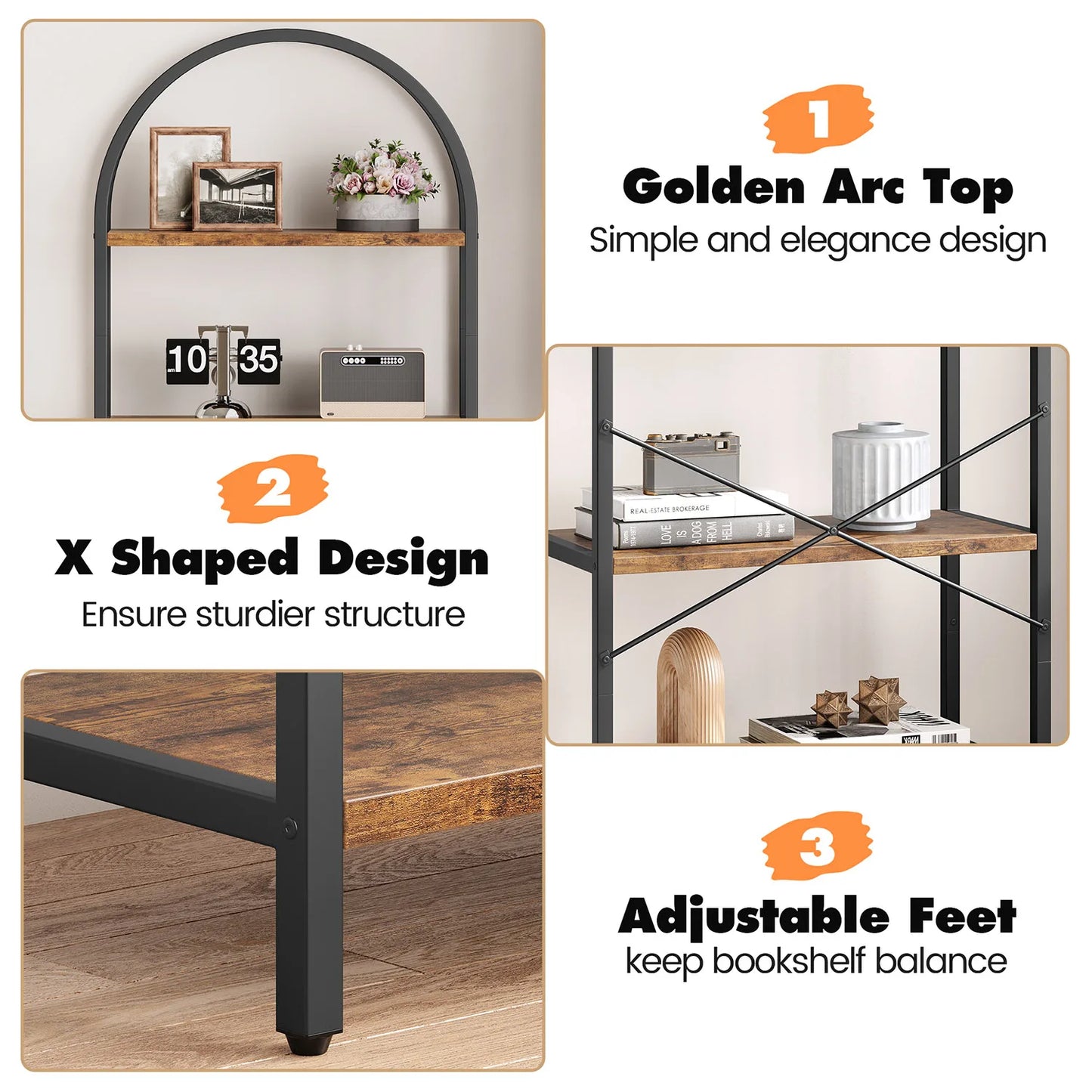 5-Tier Arched Bookshelf, Wooden Storage Shelving Units