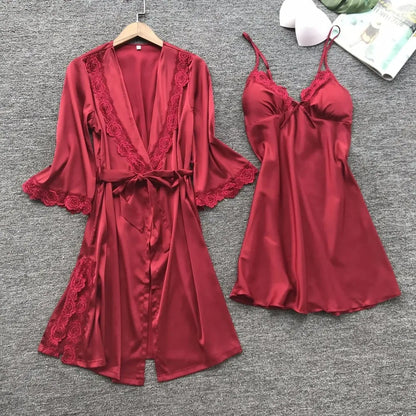2PCS Female Lace Pajamas Set Satin Home Pyjamamas Lace Robe Sleep Suit V-Neck Wedding Nightwear Silk Dress Women Sleepwear
