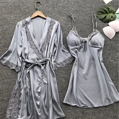 2PCS Female Lace Pajamas Set Satin Home Pyjamamas Lace Robe Sleep Suit V-Neck Wedding Nightwear Silk Dress Women Sleepwear