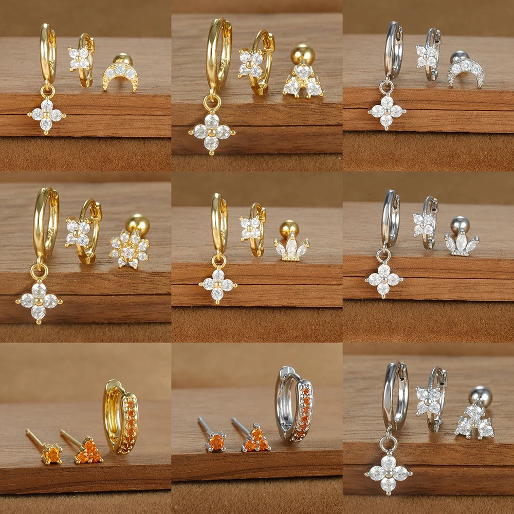 3PCS Helix Ear Piercing Earring Set for Women Zircon Stainless Steel