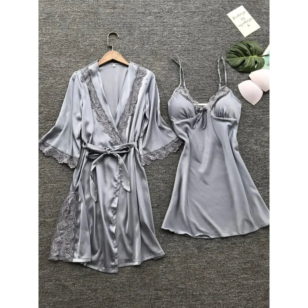 2PCS Female Lace Pajamas Set Satin Home Pyjamamas Lace Robe Sleep Suit V-Neck Wedding Nightwear Silk Dress Women Sleepwear
