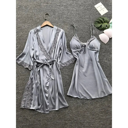 2PCS Female Lace Pajamas Set Satin Home Pyjamamas Lace Robe Sleep Suit V-Neck Wedding Nightwear Silk Dress Women Sleepwear