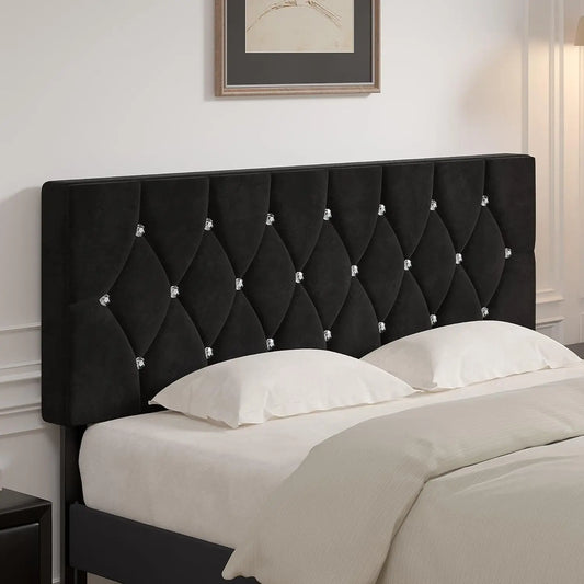 Queen Size Tufted Upholstered Headboard, Diamond Button Design,  Black
