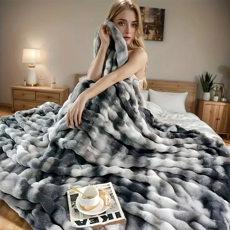 1pc Cozy Faux Rabbit Fleece Blanket Throw