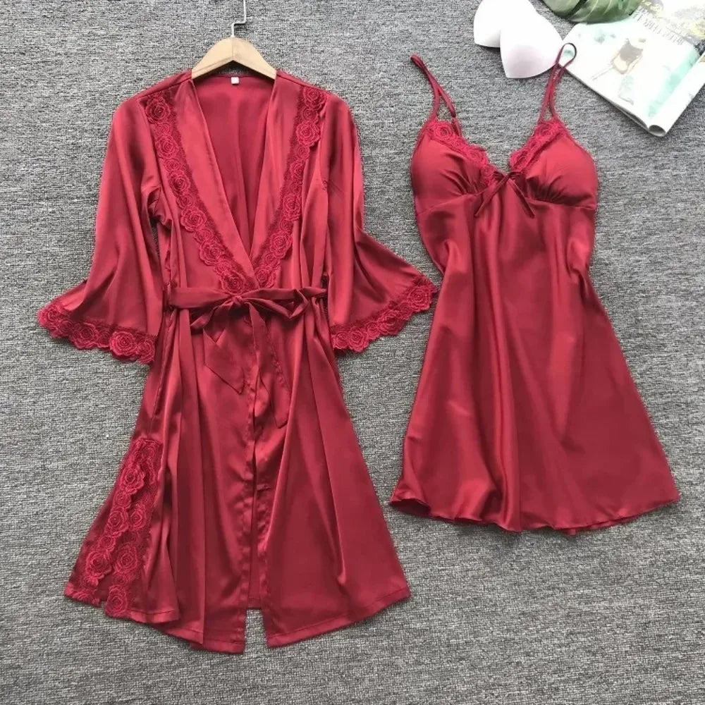 2PCS Female Lace Pajamas Set Satin Home Pyjamamas Lace Robe Sleep Suit V-Neck Wedding Nightwear Silk Dress Women Sleepwear
