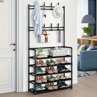 A Hallway Clothes And Shoe Rack  Storing Hats, And Umbrellas