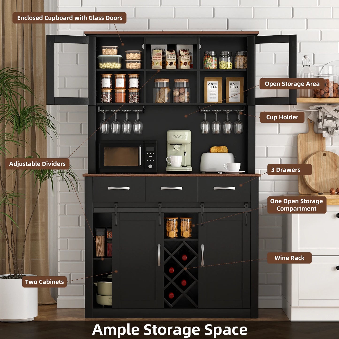 Kitchen Pantry Storage Cabinet with Wine & Glass Racks