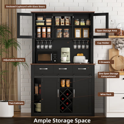 Kitchen Pantry Storage Cabinet with Wine & Glass Racks