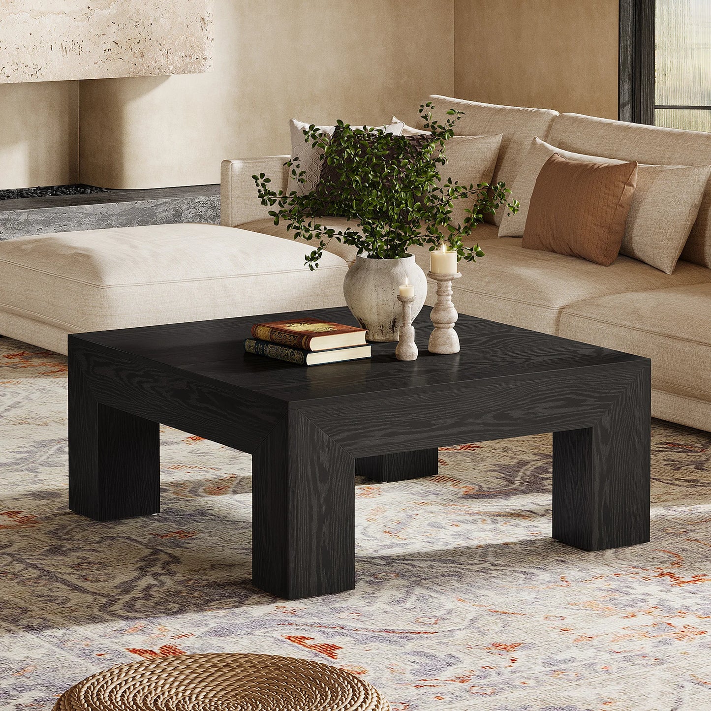 39.4-Inch Square Coffee Table  with Sturdy Wooden Legs