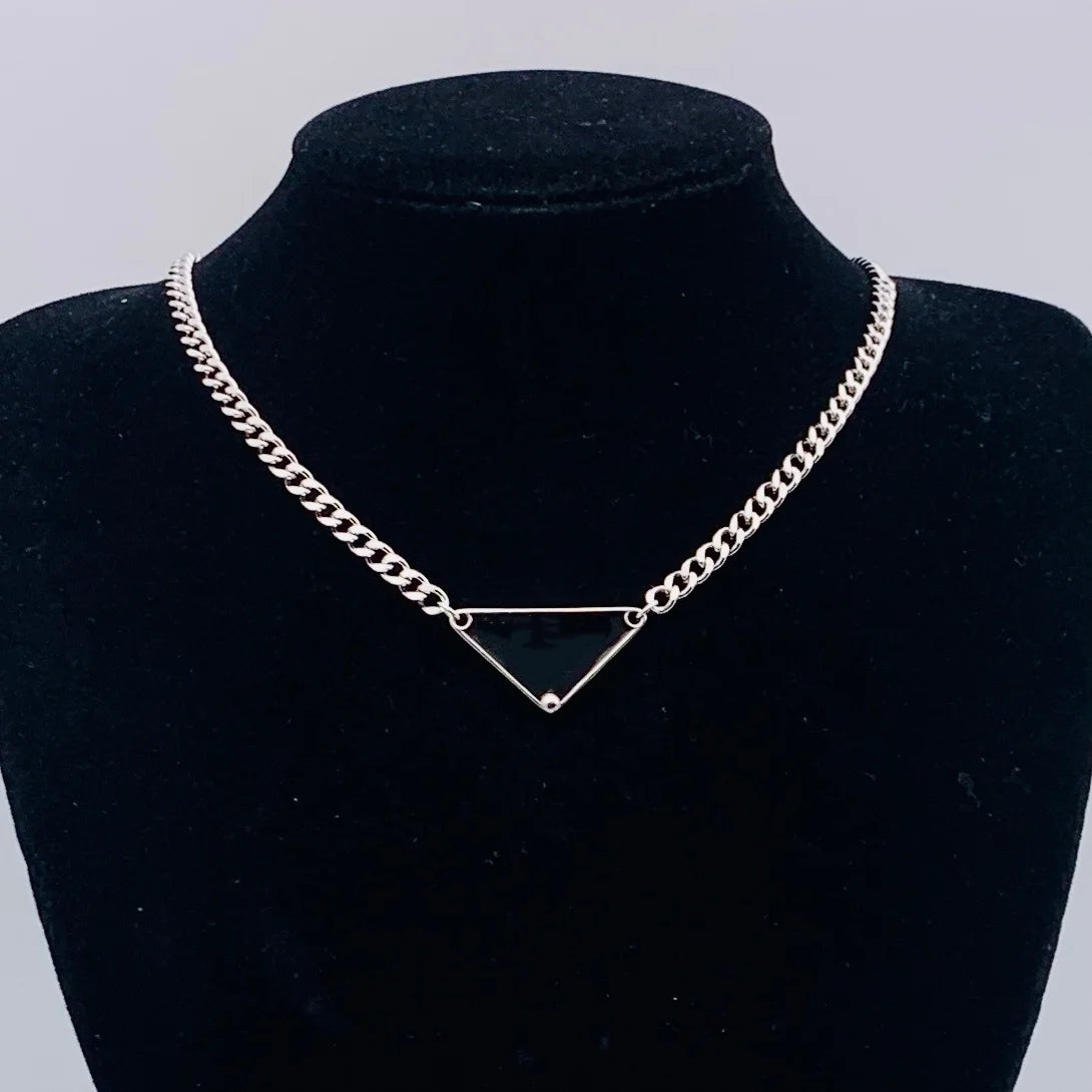 Rhinestone Triangle Pendant with Tassel Silver Tone