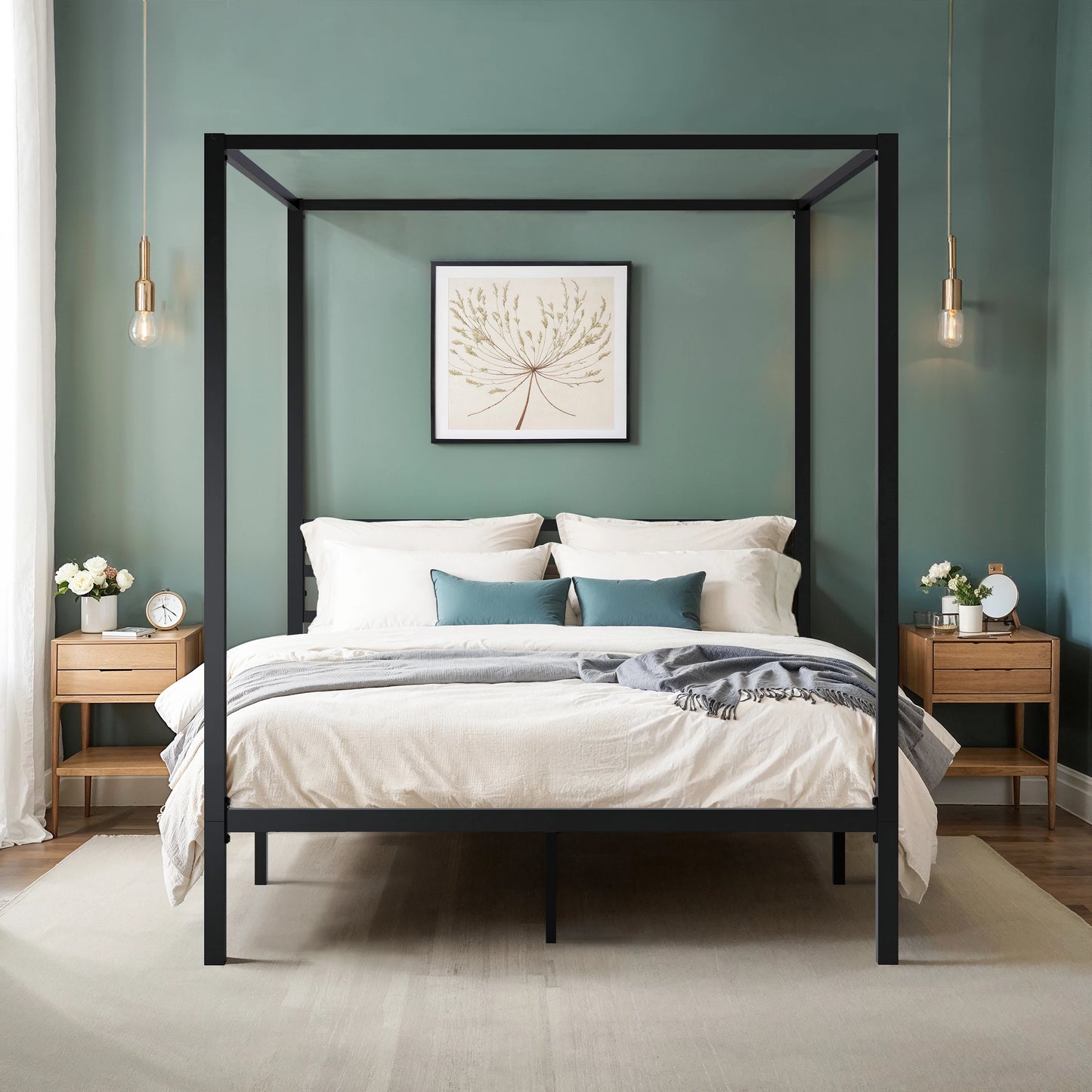 Canopy Bed Frame, Enhanced 4-Poster, 3-Metal Crossbar.
