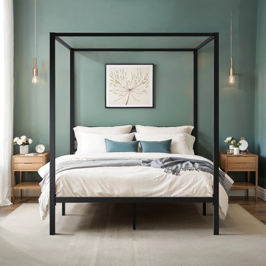 Canopy Bed Frame, Enhanced 4-Poster, 3-Metal Crossbar.