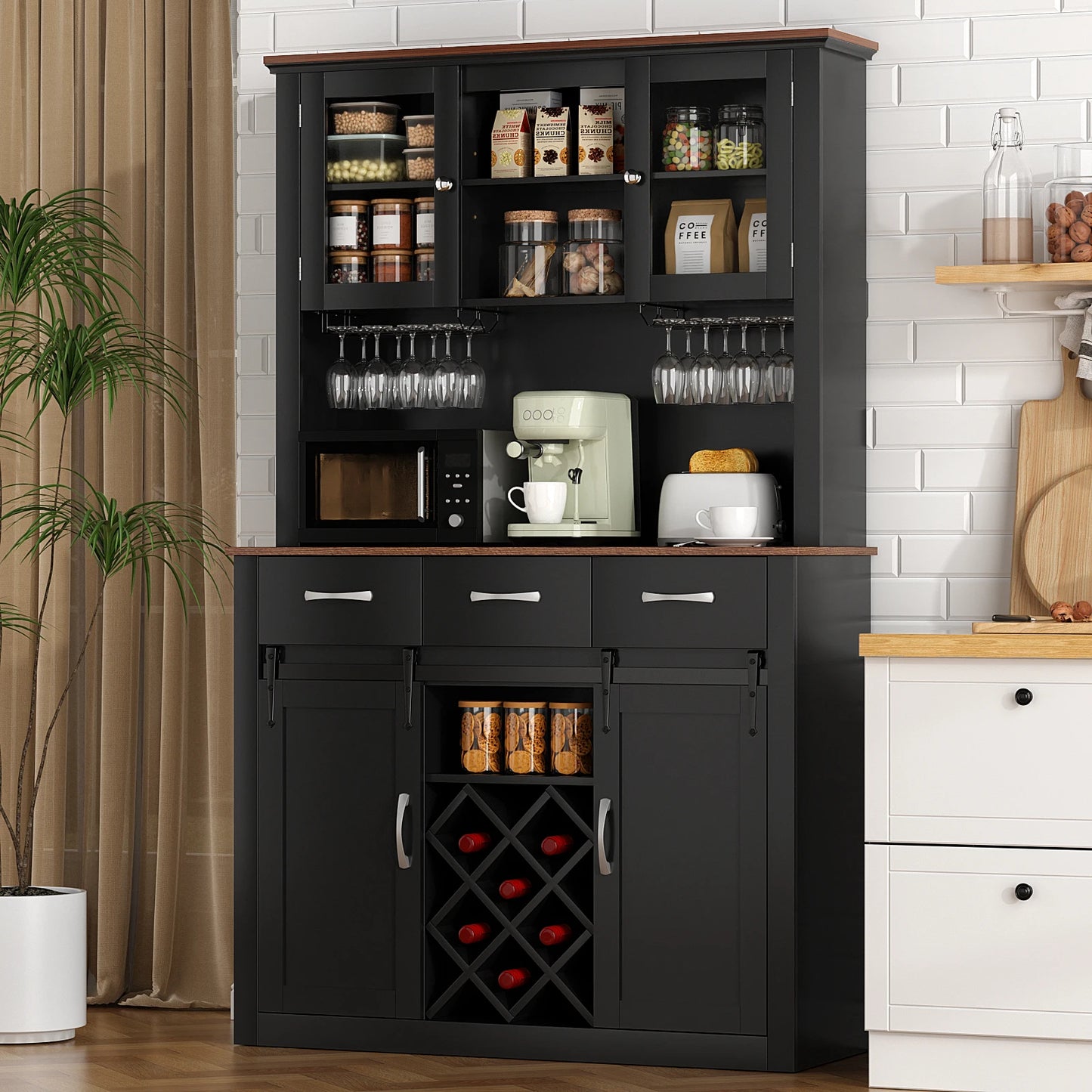 Kitchen Pantry Storage Cabinet with Wine & Glass Racks