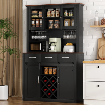 Kitchen Pantry Storage Cabinet with Wine & Glass Racks