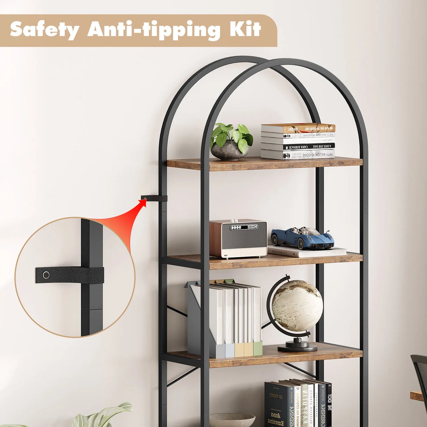 5-Tier Arched Bookshelf, Wooden Storage Shelving Units